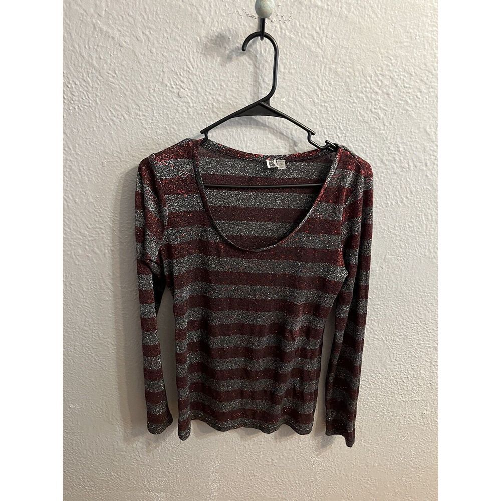 BKE Long Sleeve Sheer Maroon & Charcoal Gray Strip Sparkle Pullover Top Size Med